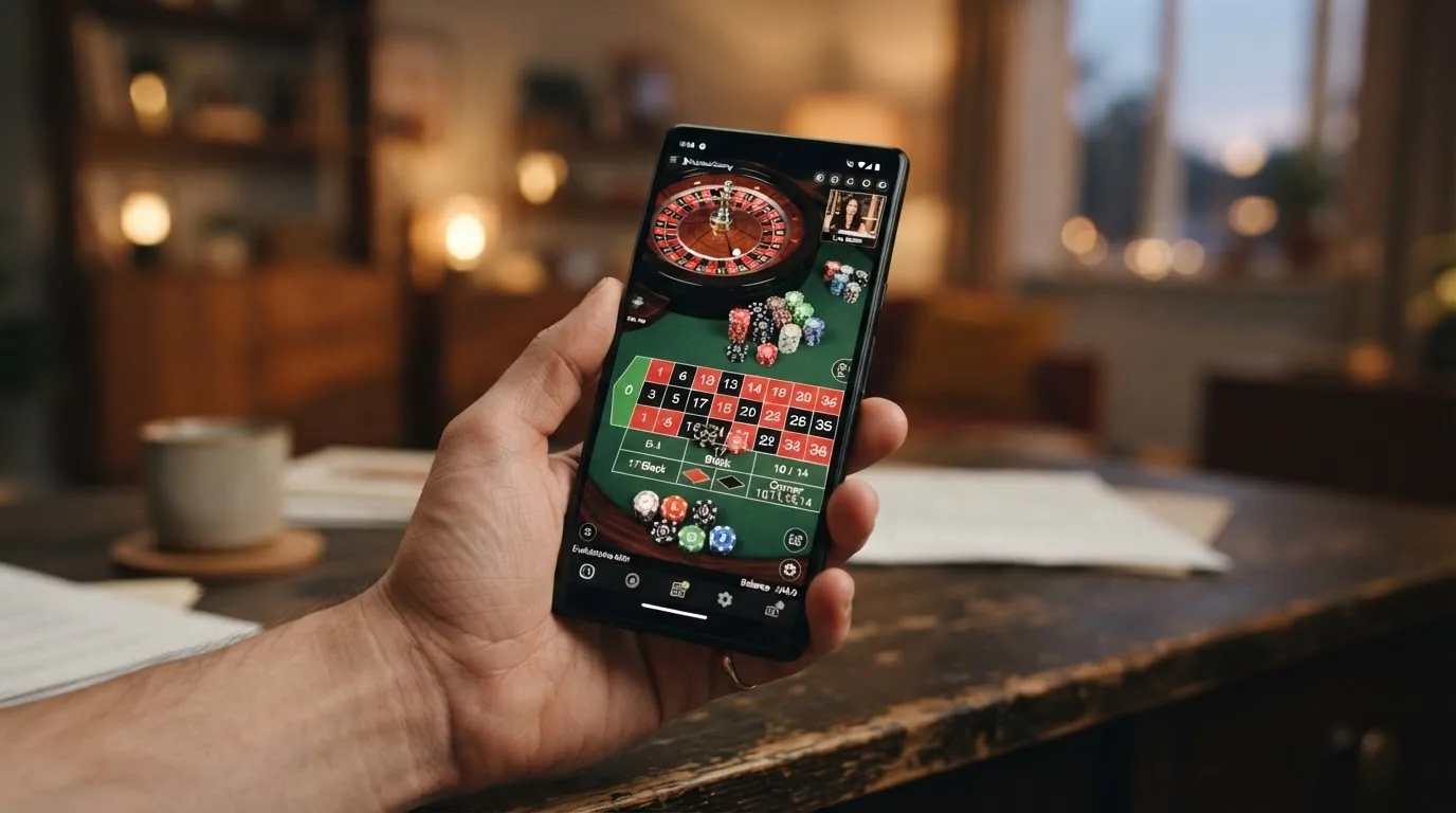 Ein Smartphone in der Hand mit geöffneter Live-Roulette-Oberfläche, Roulette-Rad auf dem Display