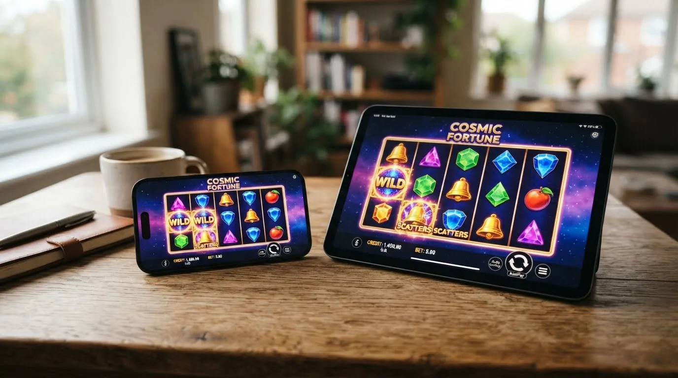 Ein Smartphone im Querformat mit Casino-Oberfläche, daneben ein Tablet mit derselben Ansicht