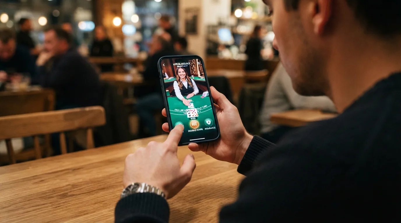 Live-Blackjack-Spiel auf einem Smartphone-Bildschirm im Querformat mit Einsatz-Buttons und Kartenansicht
