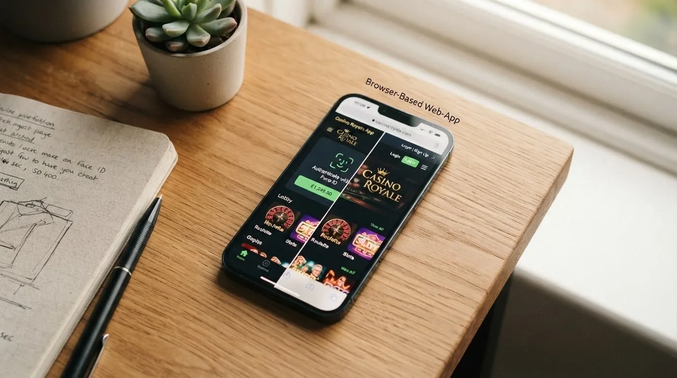 Ein Smartphone zeigt nebeneinander eine native Casino-App mit biometrischem Login und eine Browser-Web-App ohne Installation