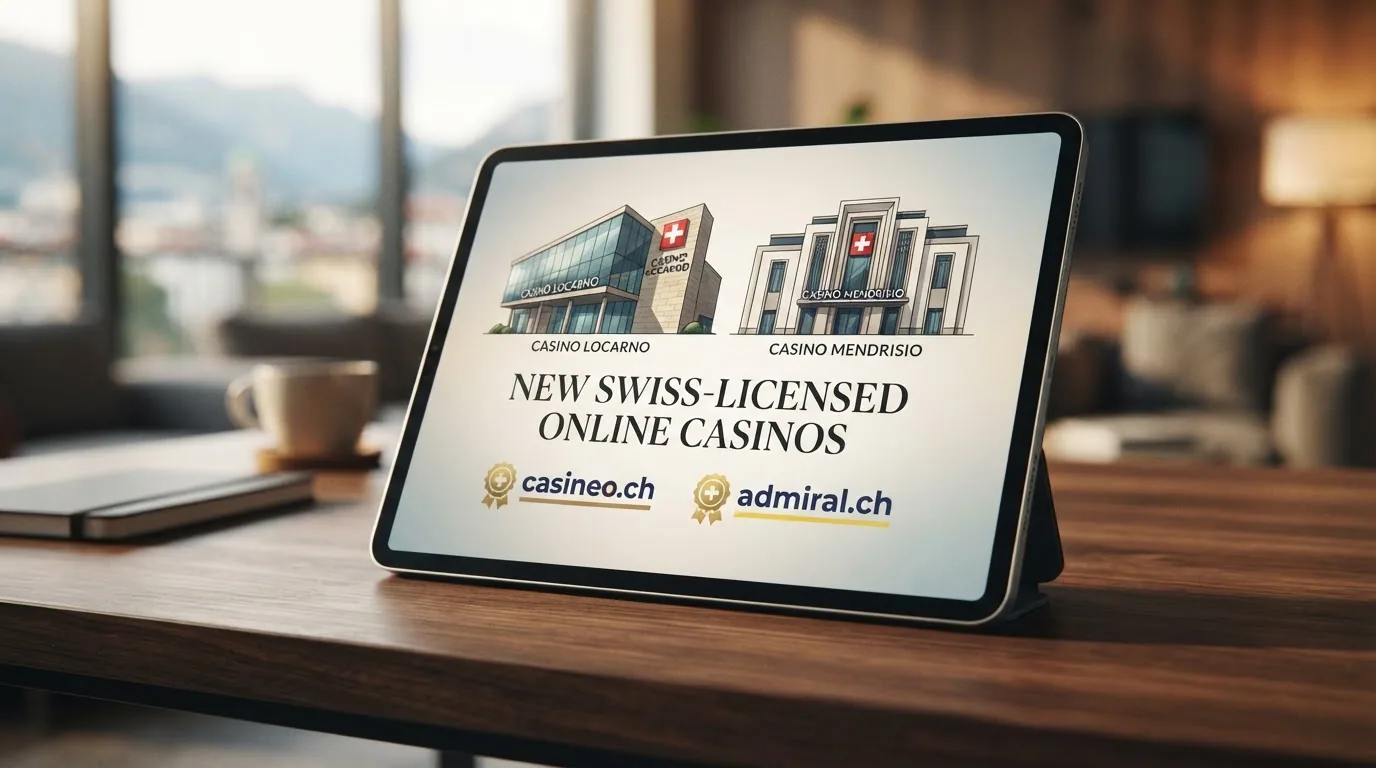 Das Casino-Locarno-Gebäude und das Casino-Mendrisio-Gebäude nebeneinander, darunter die Logos von Casineo und Admiral