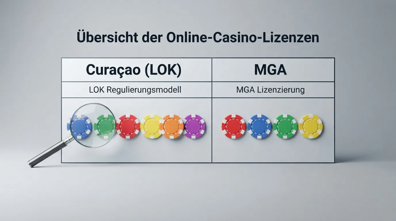 Eine stilisierte Vergleichstabelle mit Casino-Logos und zwei farblich getrennten Lizenzspalten: Curaçao (LOK) vs. MGA