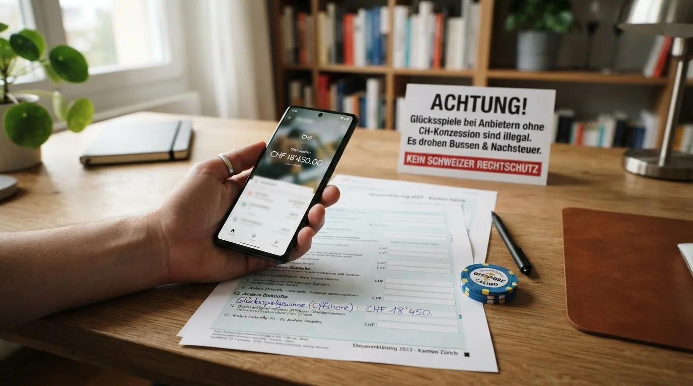 Symbolbild: Eine Schweizer Steuererklärung mit markiertem Feld für Glücksspielgewinne, daneben ein Warnhinweis «Kein Schweizer Rechtsschutz»