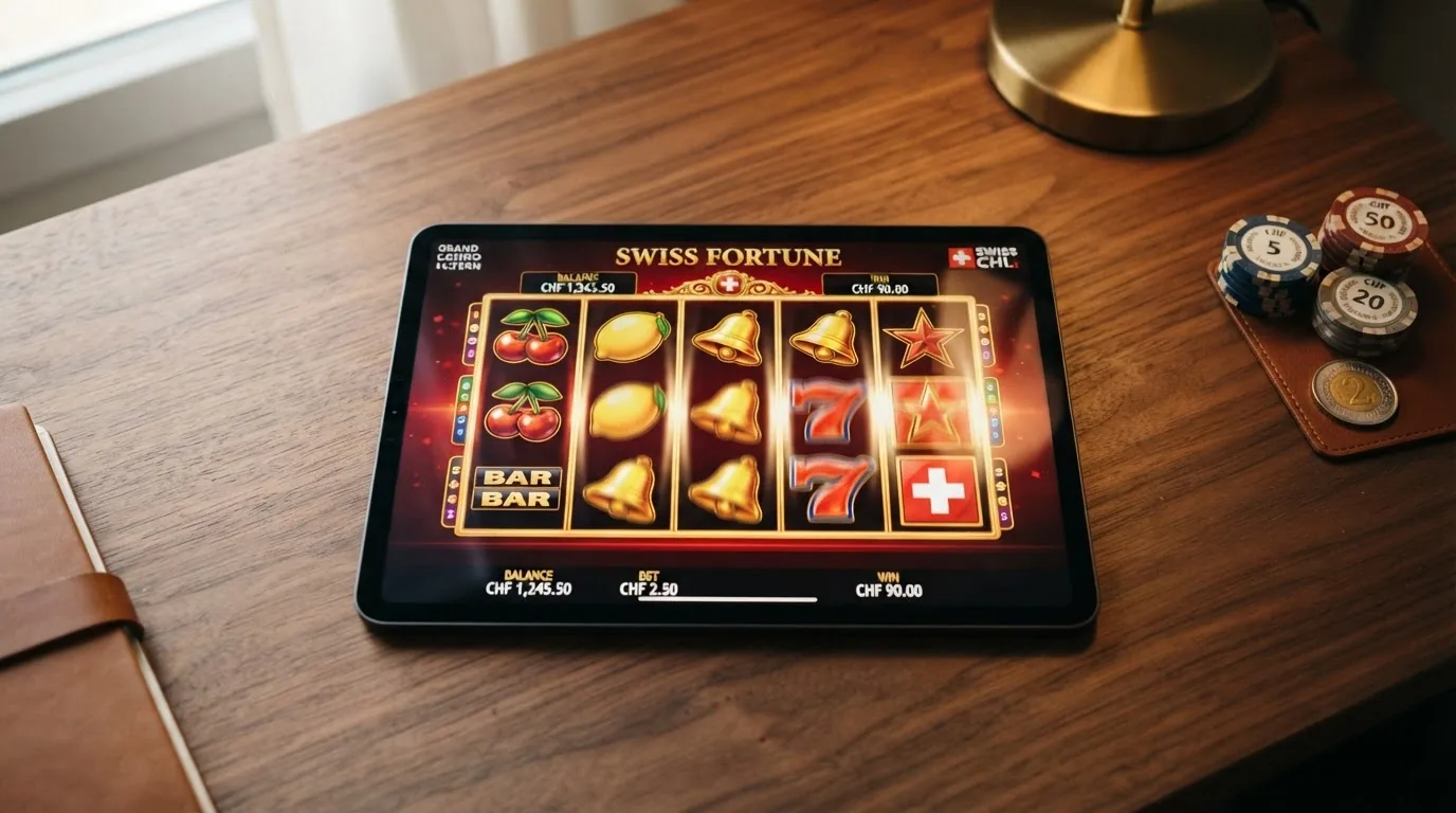 Bildschirmansicht eines Online-Slots mit Walzen, Gewinntabelle und CHF-Einsatz in einem lizenzierten Casino