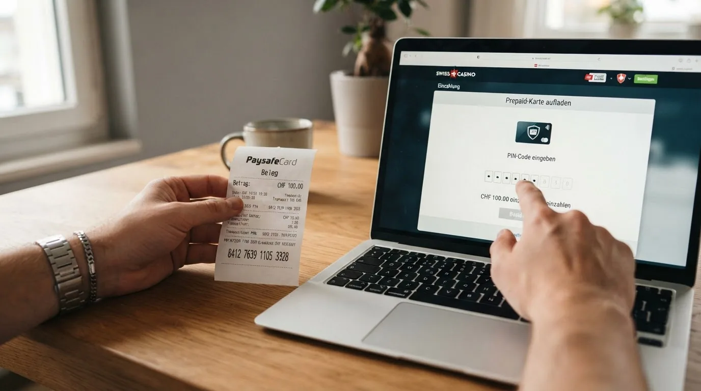 Paysafecard-PIN auf einem Kassenbon neben dem Einzahlungsdialog eines Online-Casinos