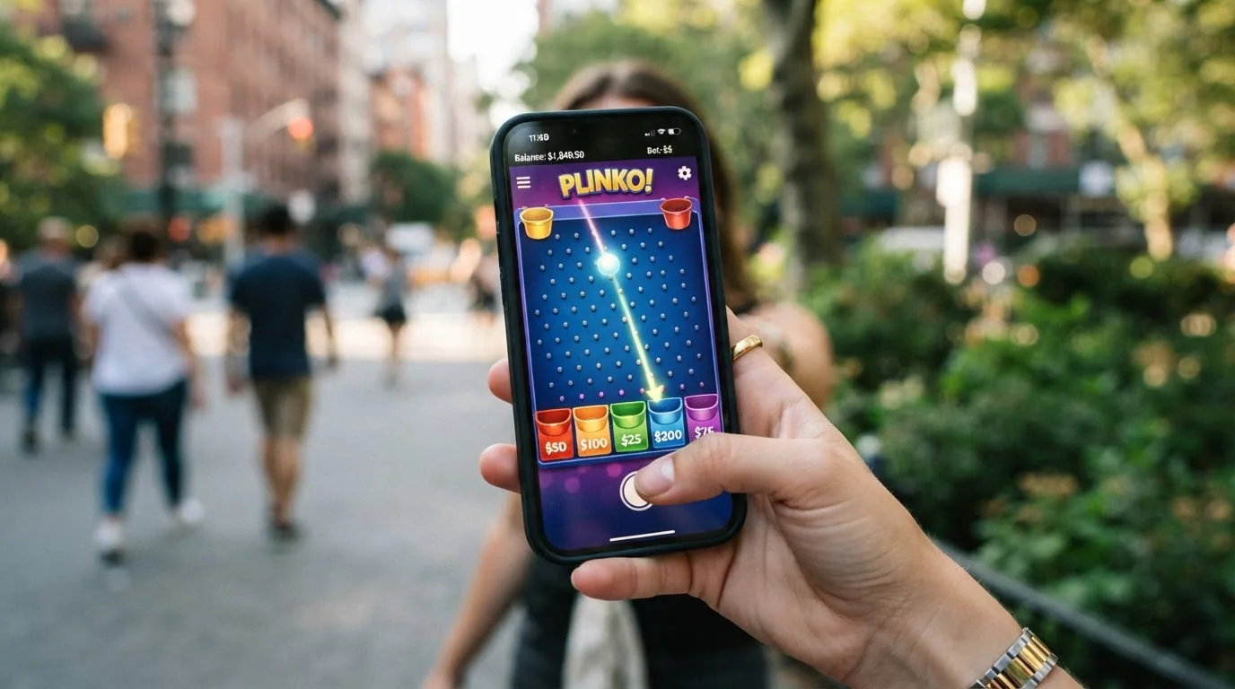 Plinko-Spielfeld im Hochformat auf einem Smartphone-Display mit Touch-Finger über dem Auslöseknopf