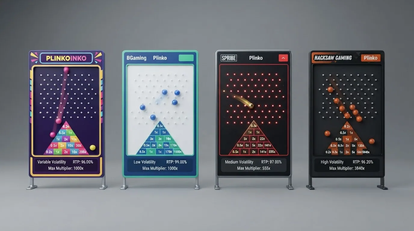 Vier nebeneinander dargestellte Plinko-Spieloberflächen mit aufgeblendeten RTP-Prozentwerten und Multiplikator-Angaben