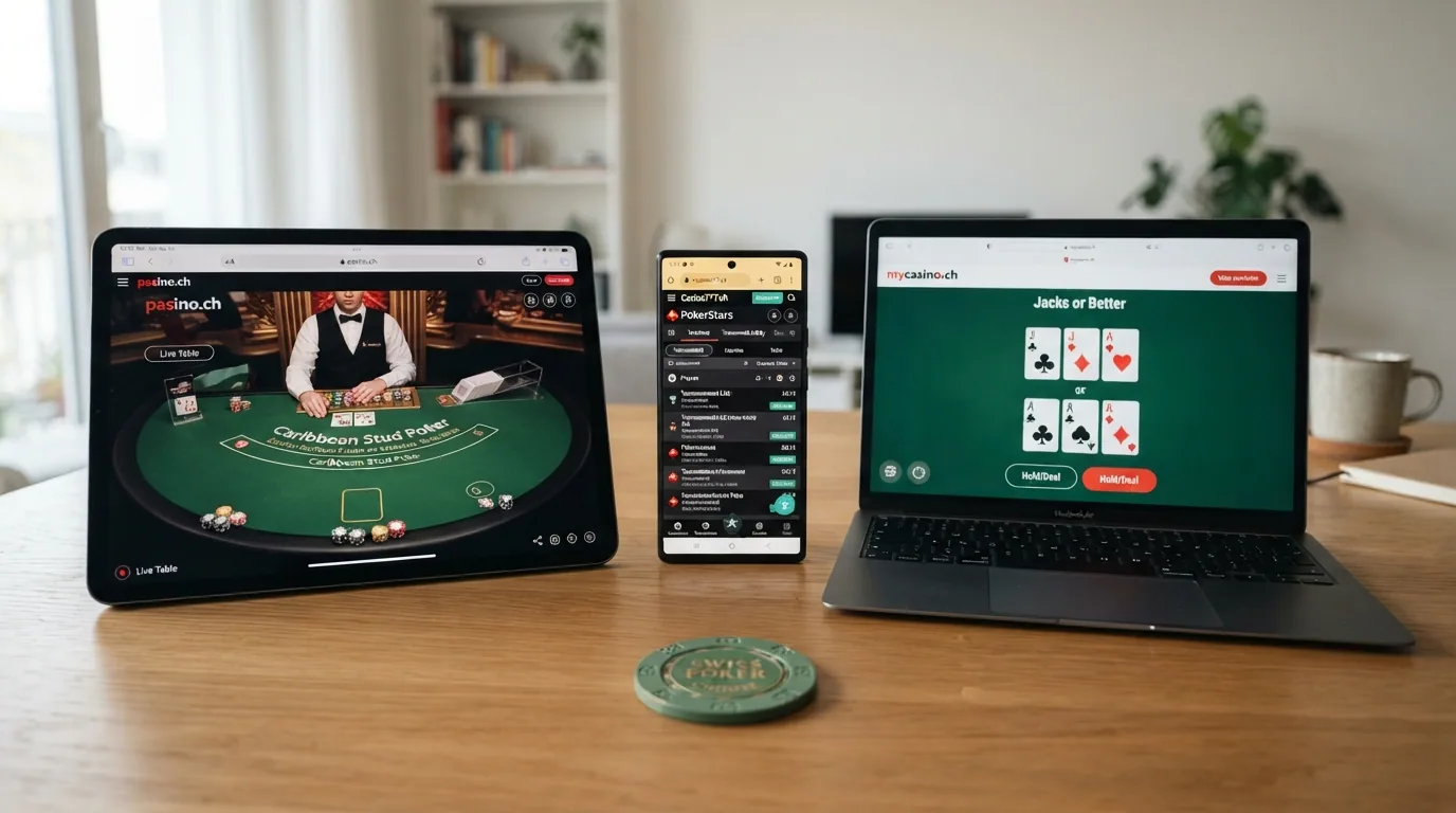 Drei stilisierte Spielertypen — Turnier-Spieler, Live-Poker-Fan, Gelegenheitsspieler — mit je einem passenden Casino-Umfeld im Hintergrund