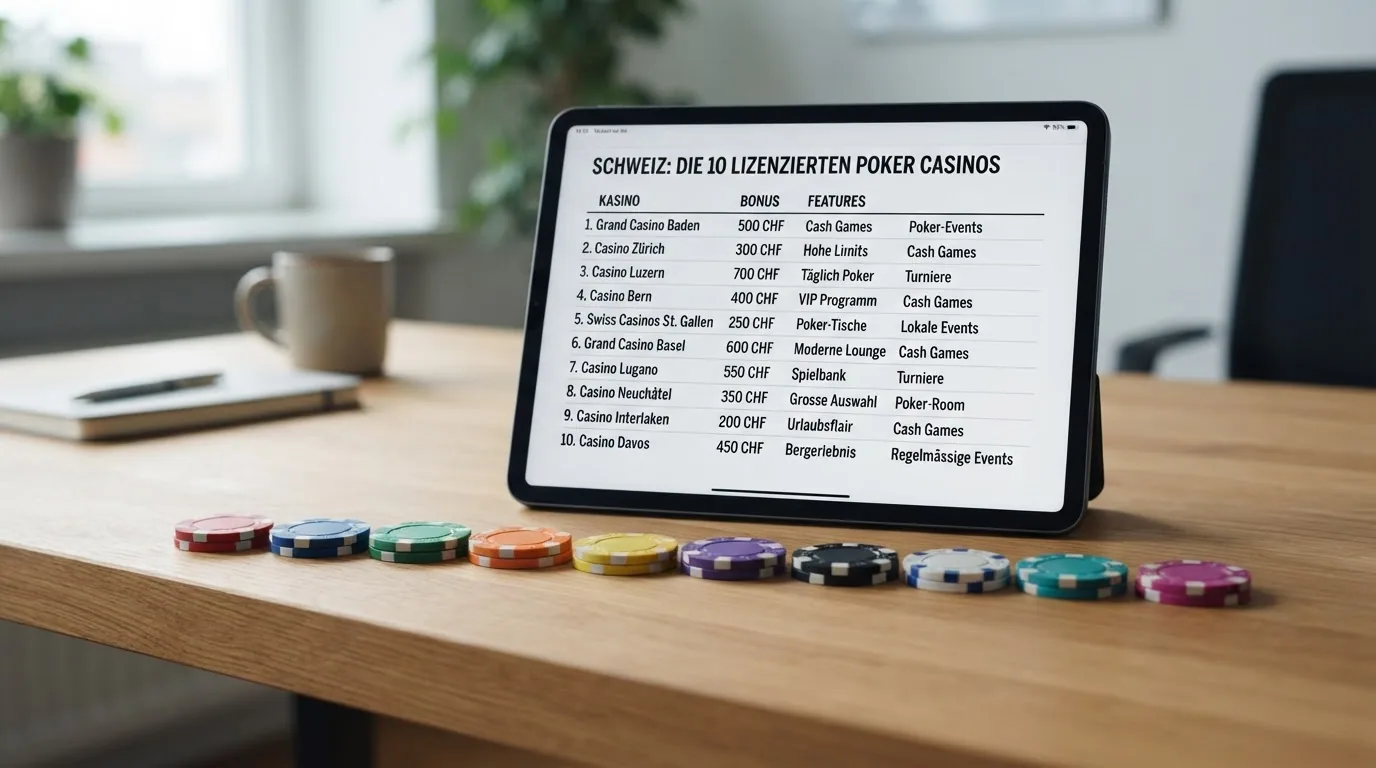 Zehn Spielbank-Logos der lizenzierten Schweizer Poker-Casinos nebeneinander aufgereiht, mit einem Poker-Chip im Vordergrund