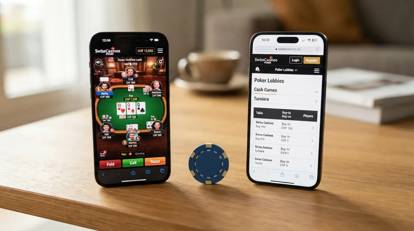 Ein Smartphone mit einer Poker-App auf dem Bildschirm, daneben dasselbe Casino im mobilen Browser — zwei Wege zum mobilen Spiel