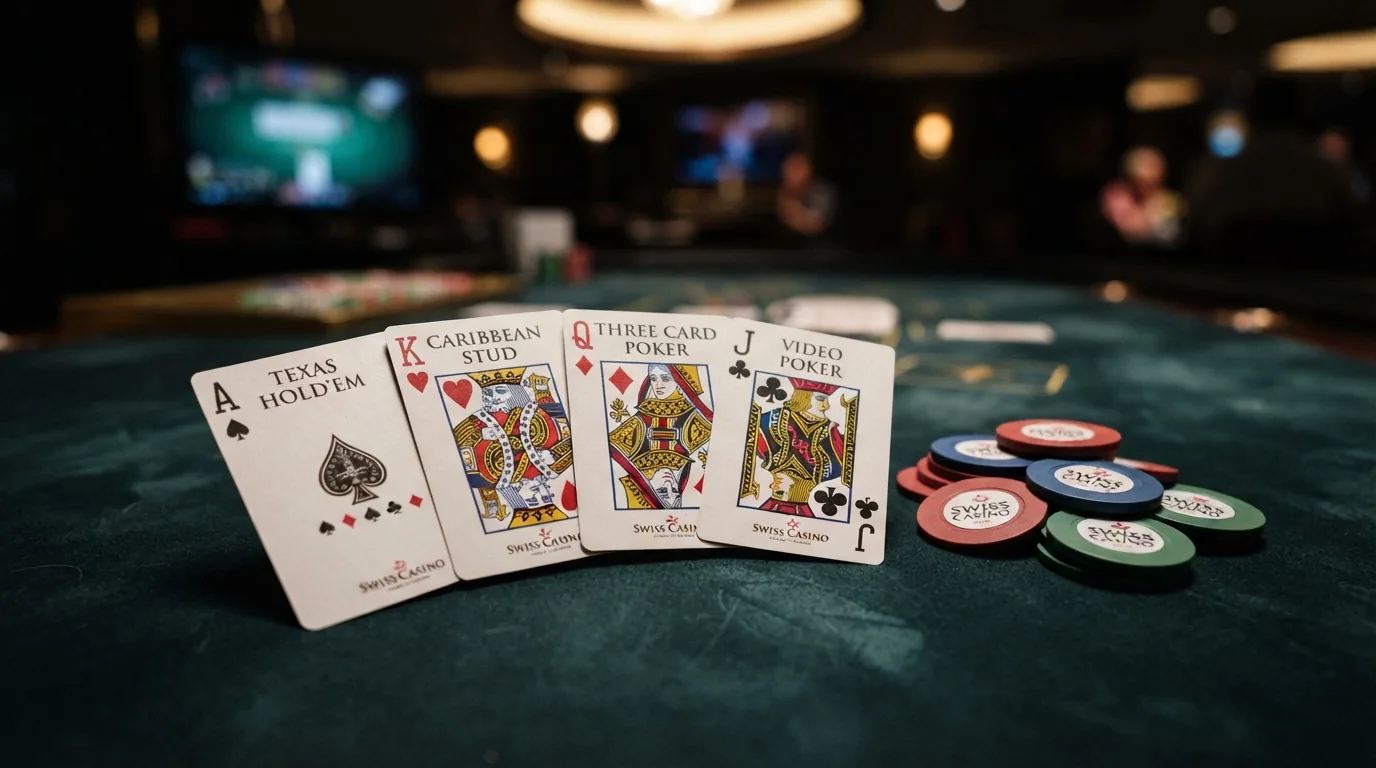 Eine Auswahl verschiedener Poker-Varianten als Kartenfächer — Texas Hold'em, Caribbean Stud, Three Card Poker und Video Poker visuell nebeneinander