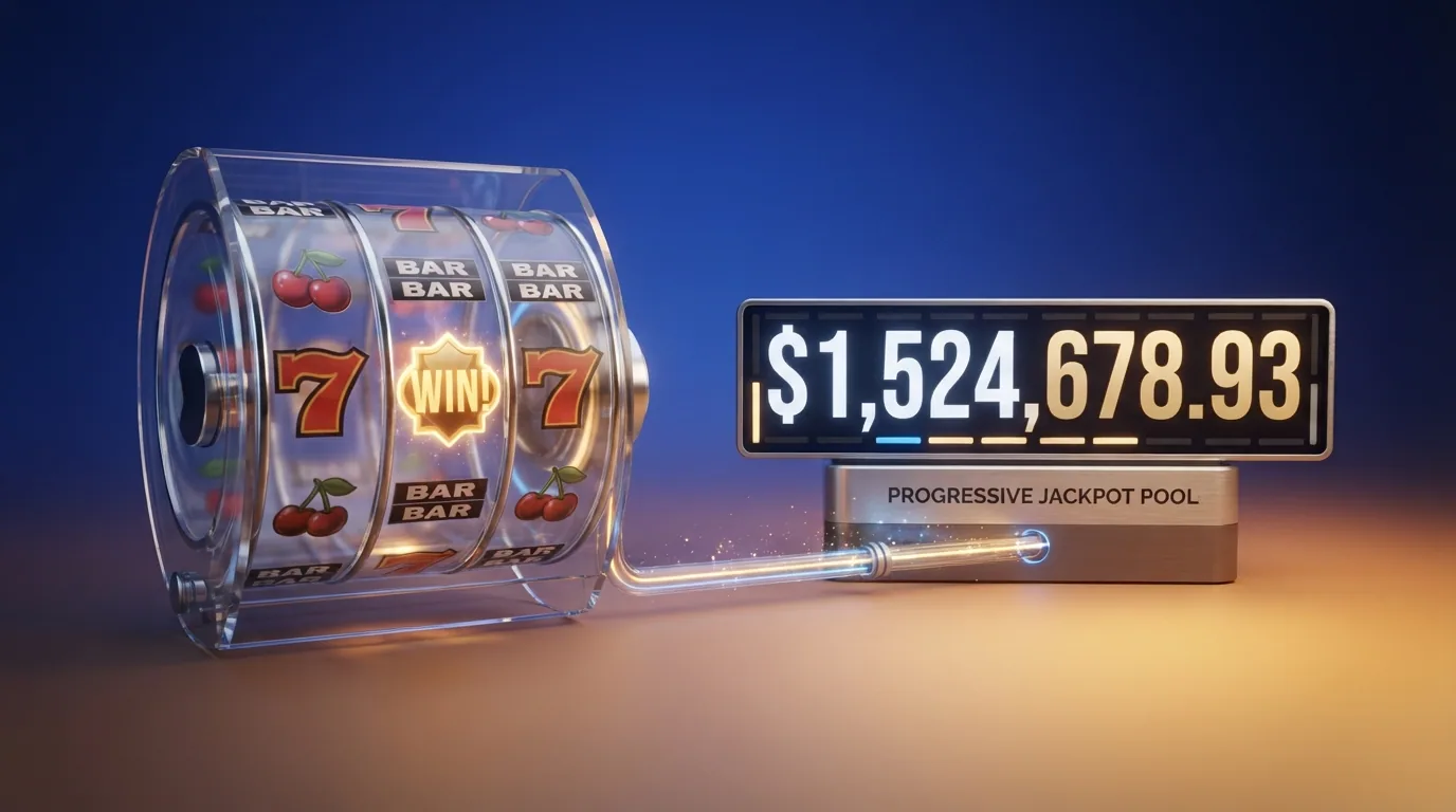 Schematische Darstellung eines Jackpot-Zählers, der mit jedem Münzeinwurf ansteigt, daneben ein Slot-Spielfeld mit fünf Walzen