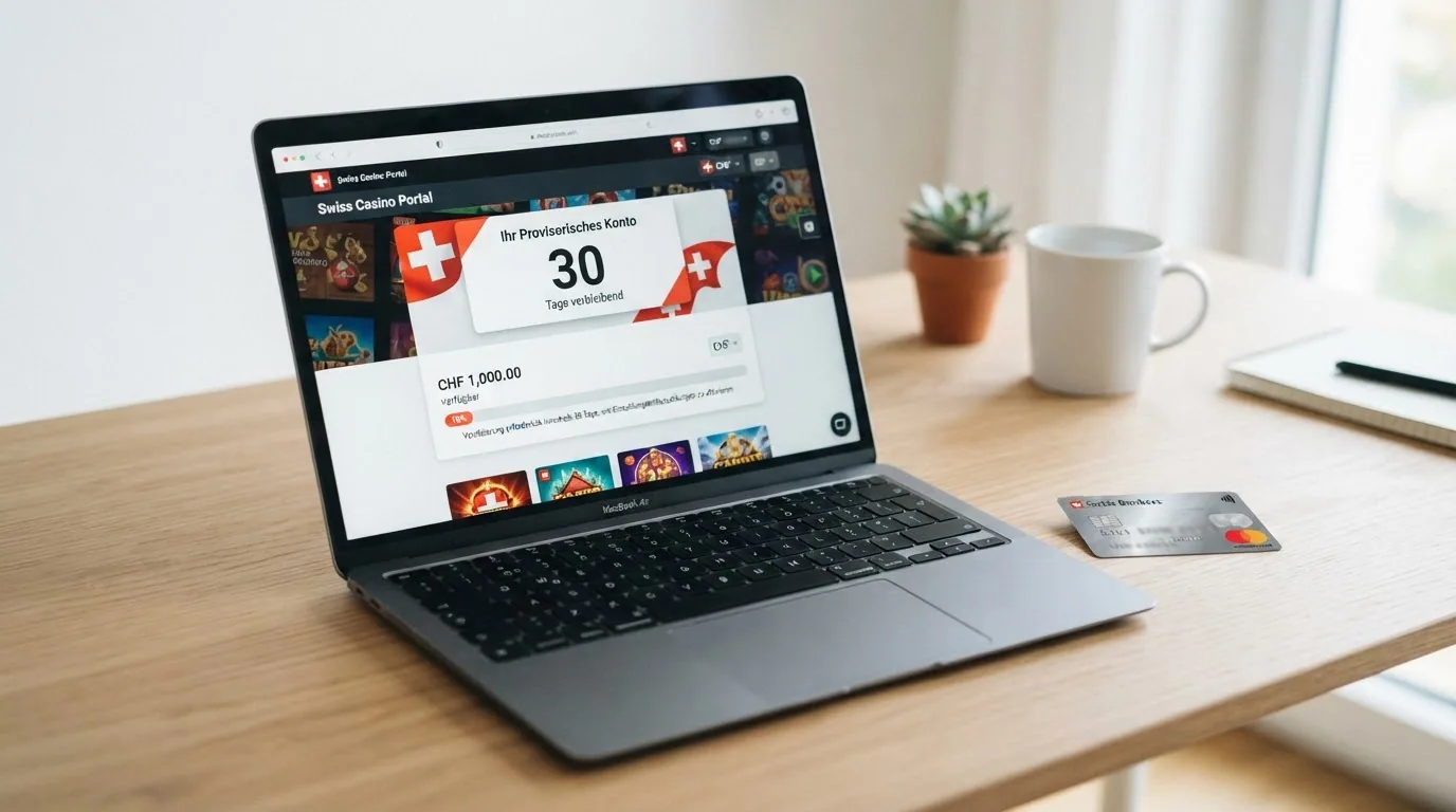 Eine Uhr, die 30 Tage anzeigt, neben einem geöffneten Laptop mit Casino-Oberfläche und einer Kreditkarte