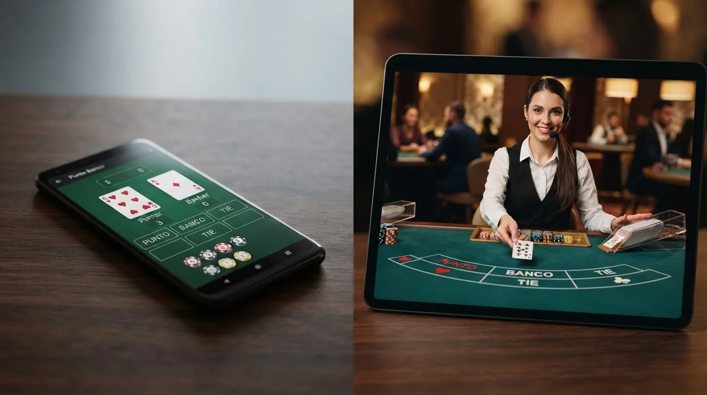 Vergleichsdarstellung: links ein RNG-Baccarat-Bildschirm mit digitalem Tisch, rechts ein Live-Dealer-Stream mit echtem Croupier