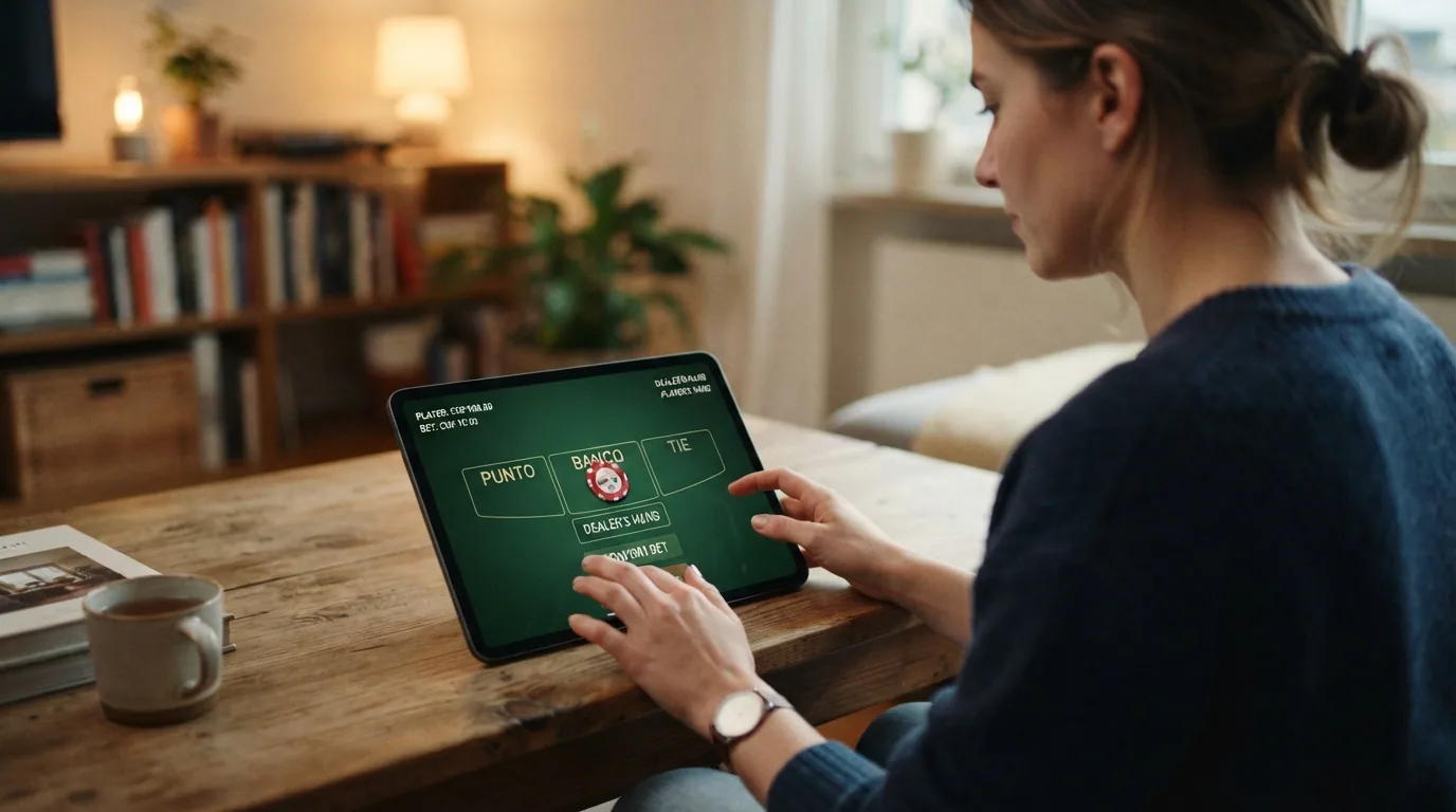 Schweizer Spieler am Laptop oder Tablet mit geöffnetem Punto-Banco-Spiel und sichtbarem Einsatz-Feld im Online-Casino