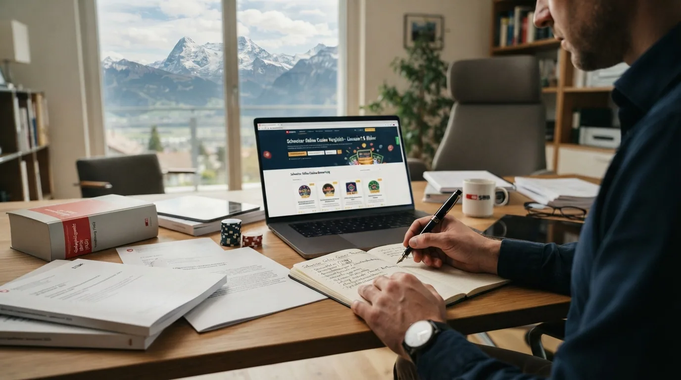 Schreibtischansicht mit Gesetzestext, ESBK-Dokumenten, Bildschirm mit Casino-Website und Notizen – Recherche-Material in geordneter Übersicht