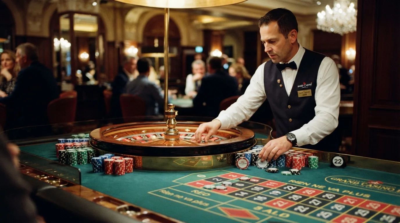 Live-Roulette-Tisch aus der Vogelperspektive mit sichtbaren Zahlen, platzierten Jetons und einem Croupier im Hintergrund