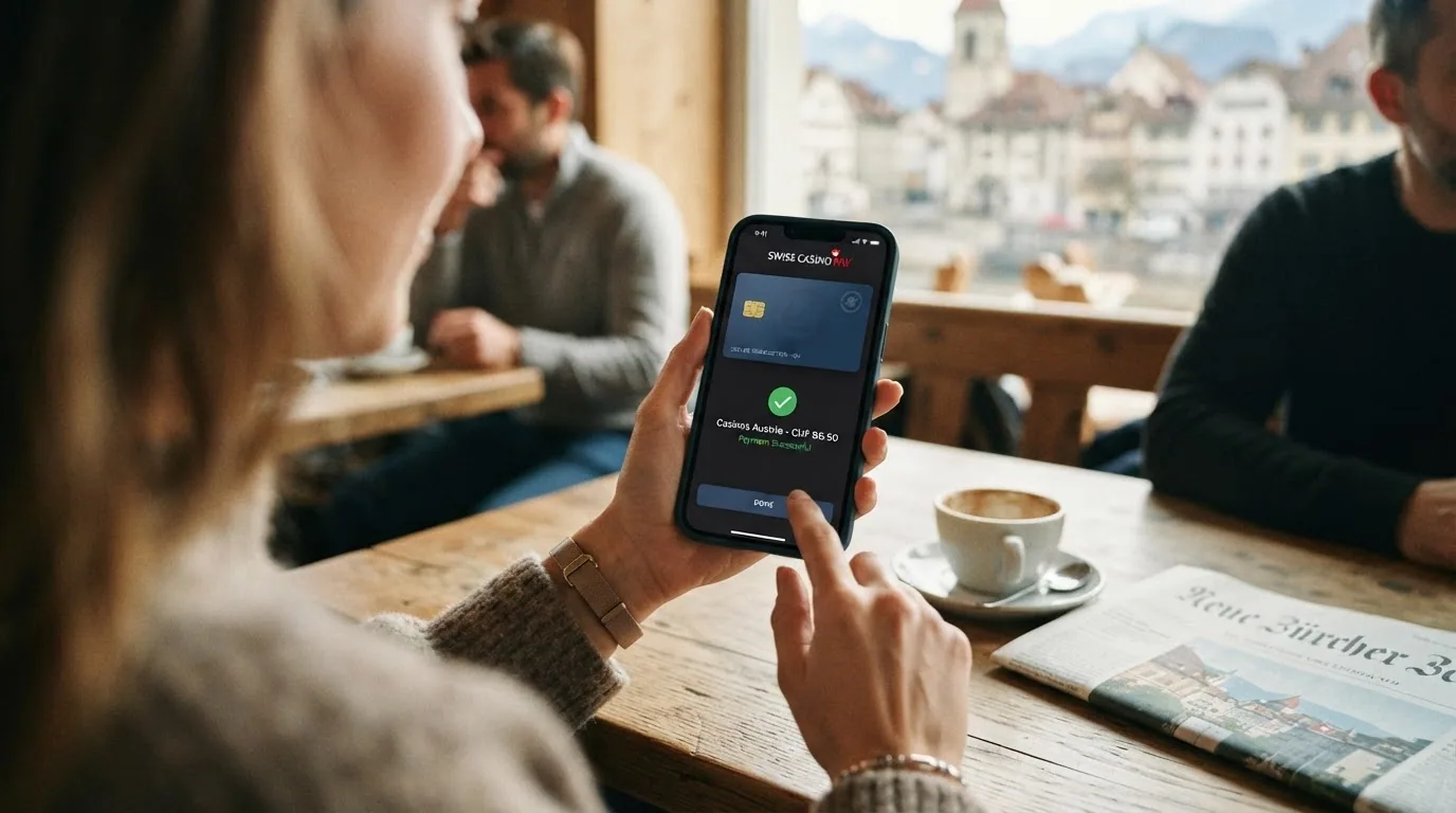 TWINT-Zahlungsbildschirm auf einem Smartphone mit Schweizer Online-Casino-Logo im Hintergrund