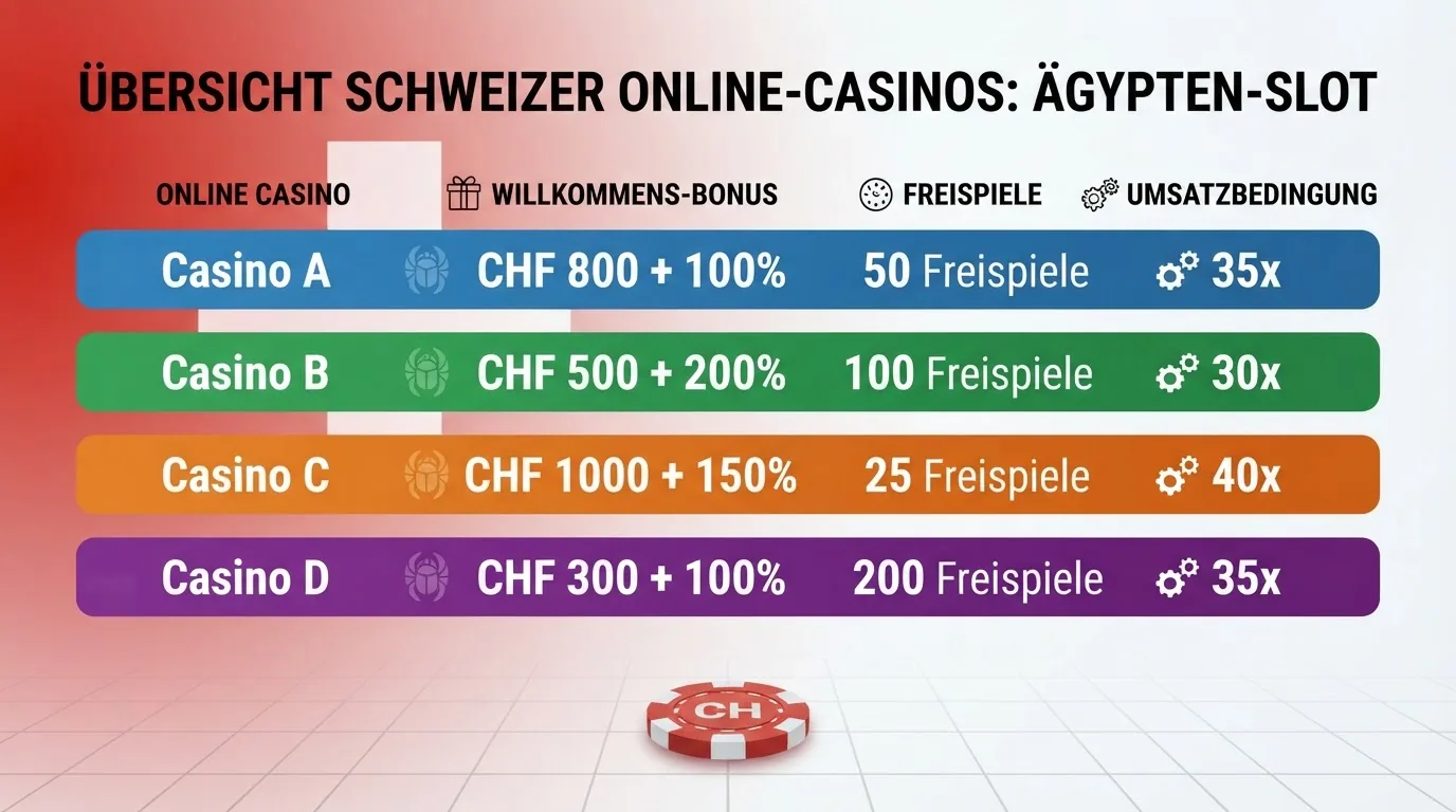 Vergleichstabelle der zehn ESBK-lizenzierten Online-Casinos mit Bonus und Freispielen