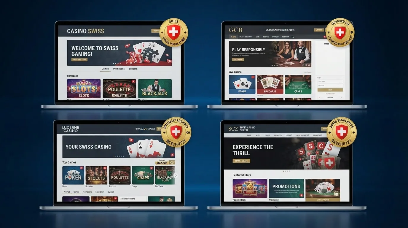 Collage der Startseiten von vier lizenzierten Schweizer Online-Casinos mit hervorgehobenem ESBK-Logo