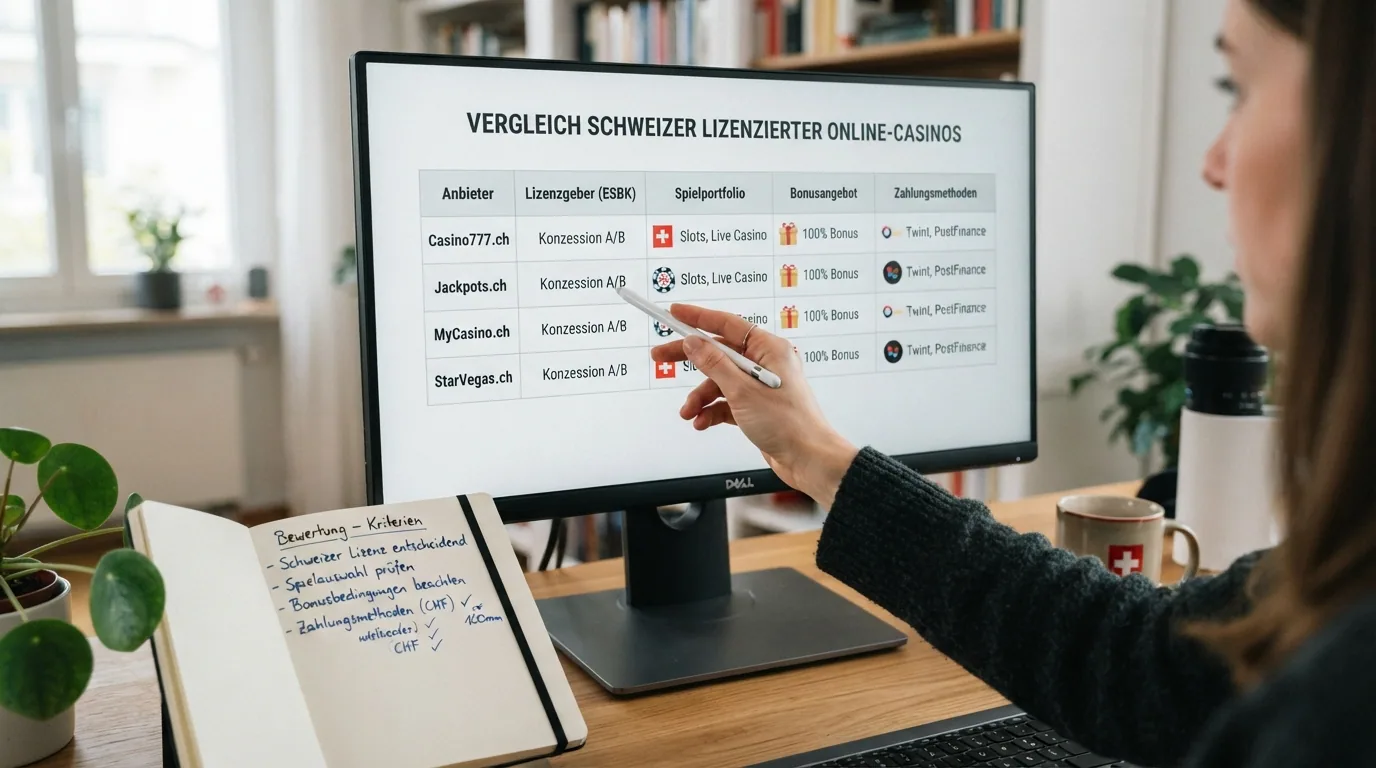 Bildschirm mit Vergleichstabelle und Logos der zehn lizenzierten Schweizer Online-Casinos