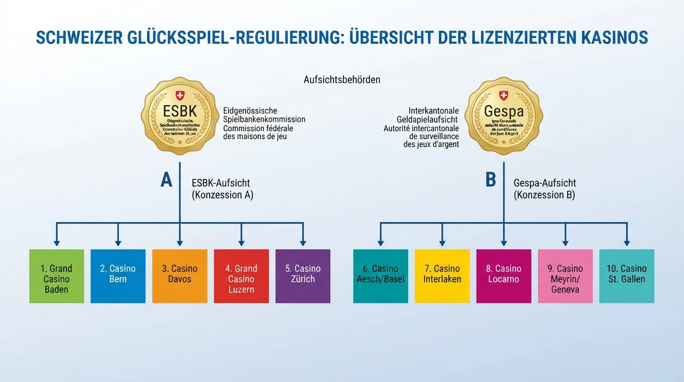 Organigramm-ähnliche Darstellung: ESBK und Gespa als Aufsichtsbehörden, darunter die 10 lizenzierten Spielbanken