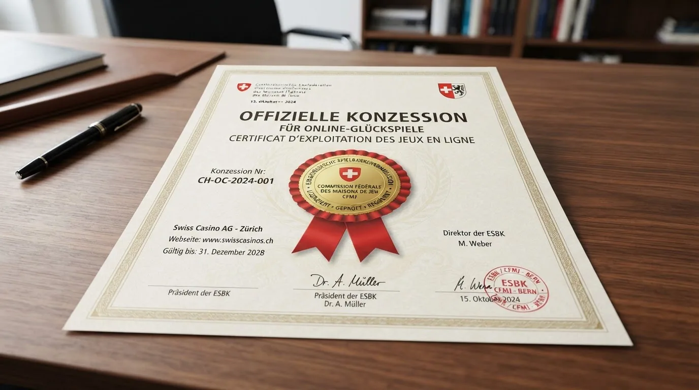 Logo der Eidgenössischen Spielbankenkommission (ESBK) neben dem Schriftzug einer Schweizer Konzessionsurkunde