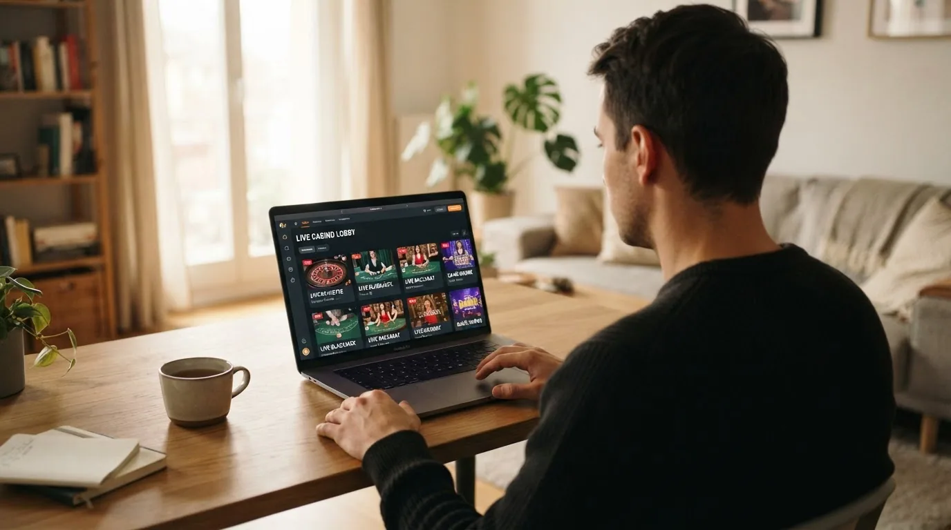 Ein Schweizer Spieler sitzt nachdenklich vor dem Laptop, im Hintergrund schemenhaft ein Live-Casino-Interface — nachdenkliche, nicht werbliche Bildsprache