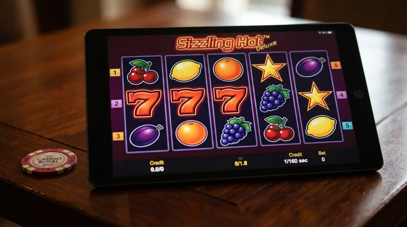 Nahaufnahme der fünf Walzen von Sizzling Hot Deluxe mit Kirschen, Zitronen, Trauben, Sternen und roten Siebenen