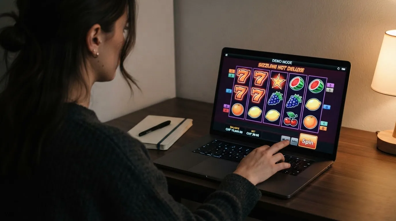 Browserfenster mit geöffnetem Sizzling Hot-Demo-Modus und Spielgeld-Anzeige in CHF