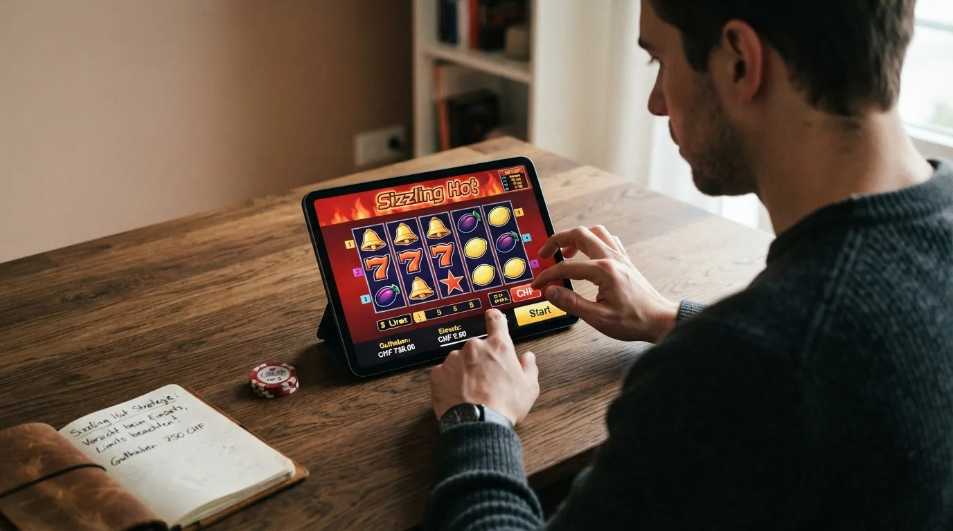 Sizzling Hot Deluxe auf einem Tablet mit Schweizer Online-Casino-Oberfläche und sichtbarer CHF-Einsatzleiste