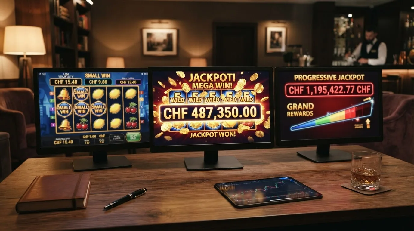 Drei verschiedene Slots auf Bildschirmen: der linke zeigt viele kleine Gewinne (niedrige Volatilität), der mittlere einen grossen Einzelgewinn (hohe Volatilität), der rechte einen progressiven Jackpot-Zähler