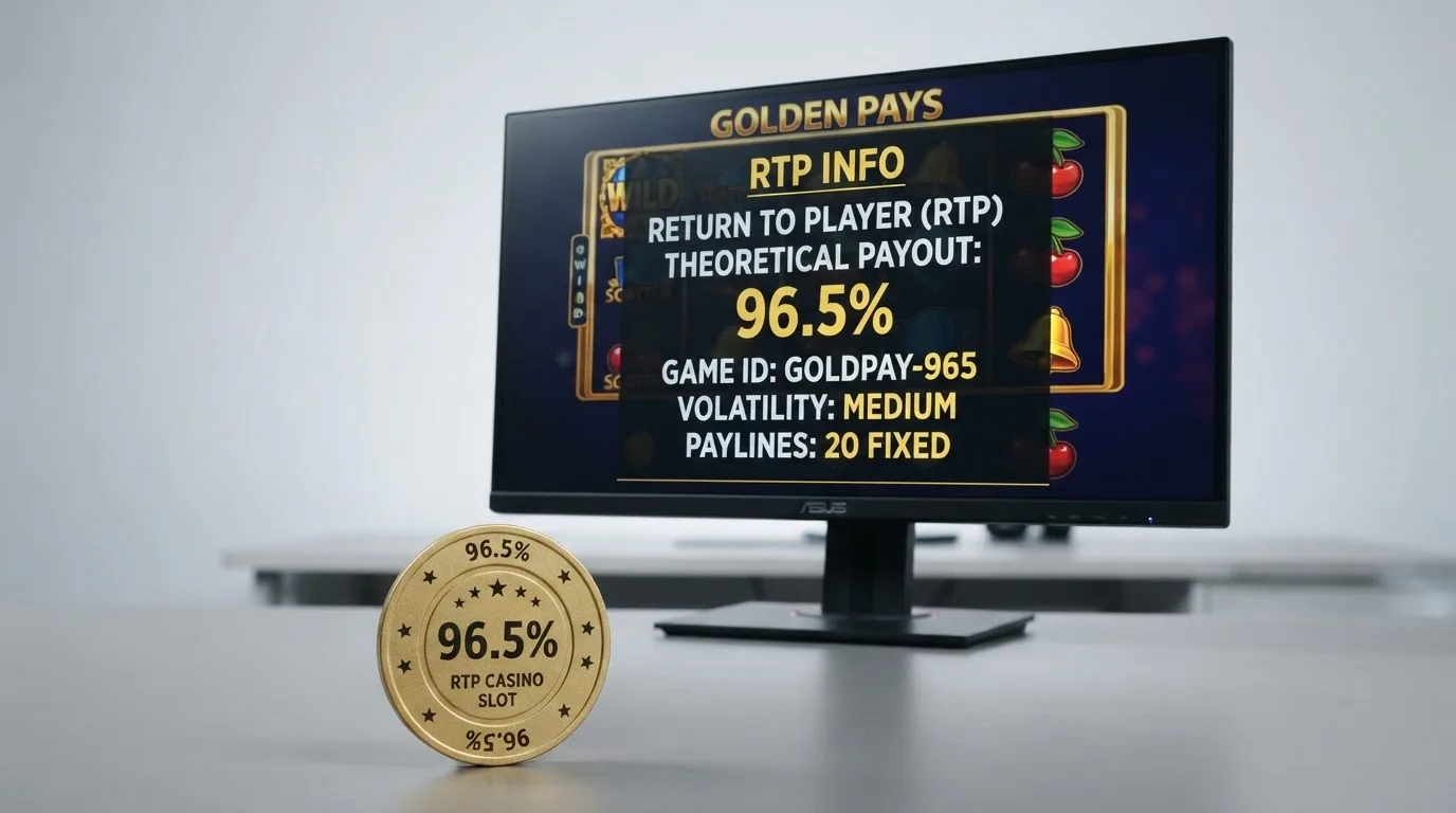 Nahaufnahme eines Slot-Bildschirms mit eingeblendeter RTP-Prozentanzeige und farblich abgesetzten Gewinnlinien