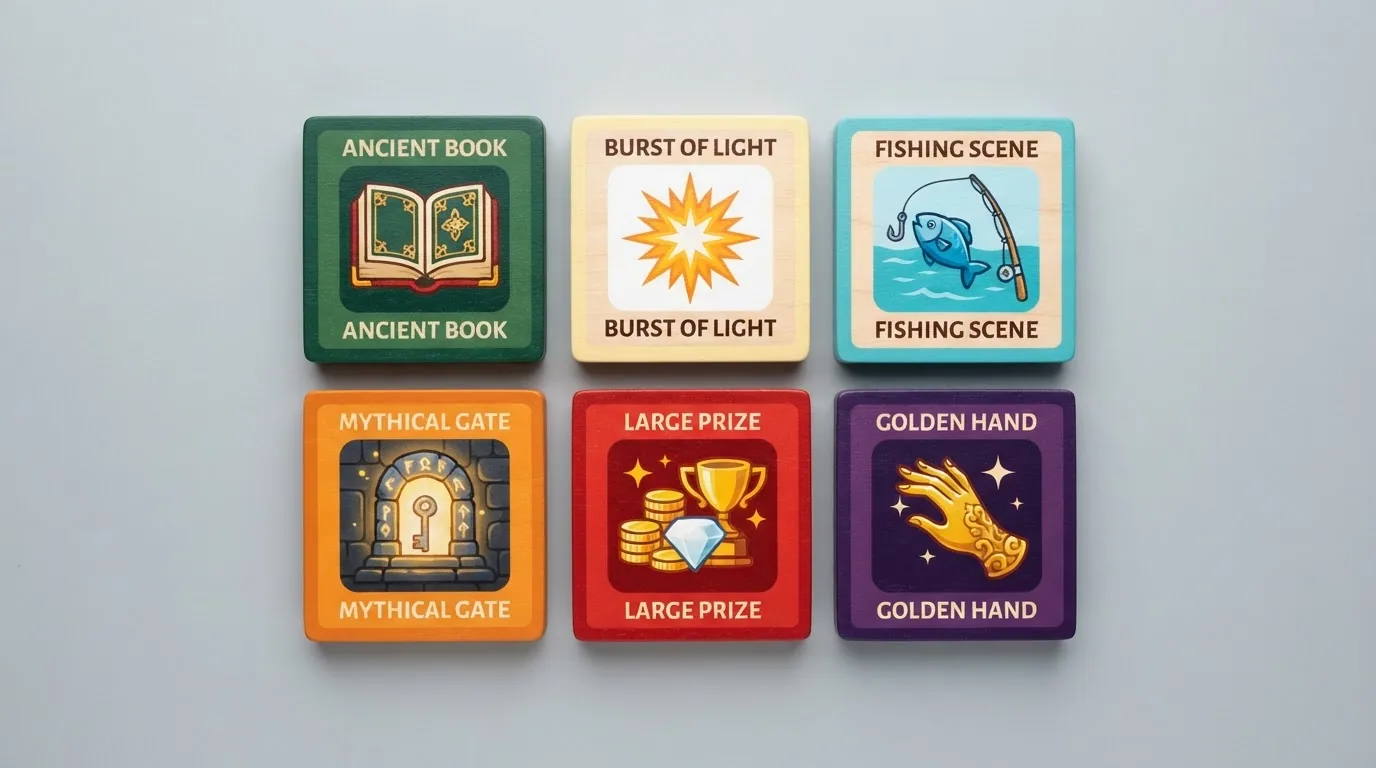 Sechs Slot-Symbole der analysierten Titel (Book of Dead, Starburst, Big Bass Splash, Gates of Olympus, Mega Moolah, The Hand of Midas) mit farbiger Volatilitätsskala