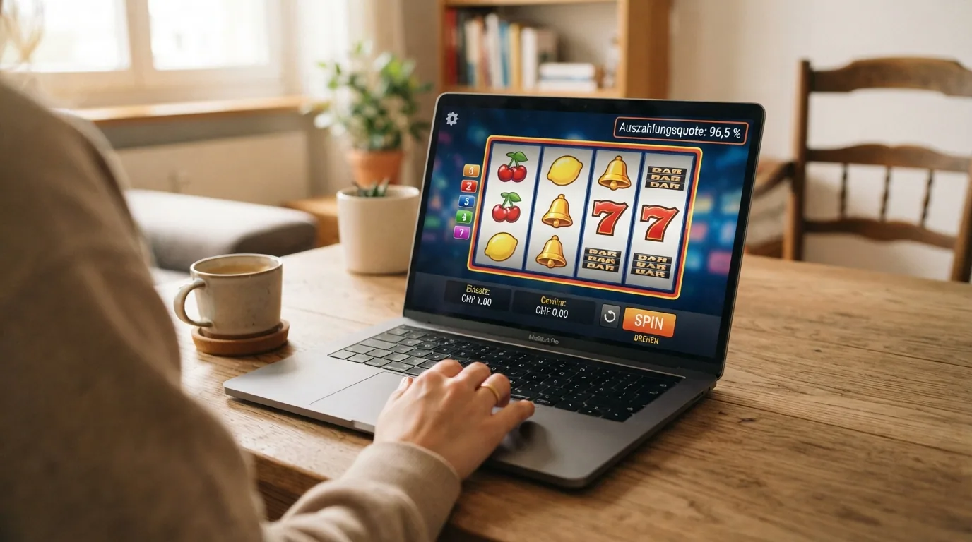 Nahaufnahme eines Schweizer Online-Spielautomaten mit hervorgehobener RTP-Anzeige
