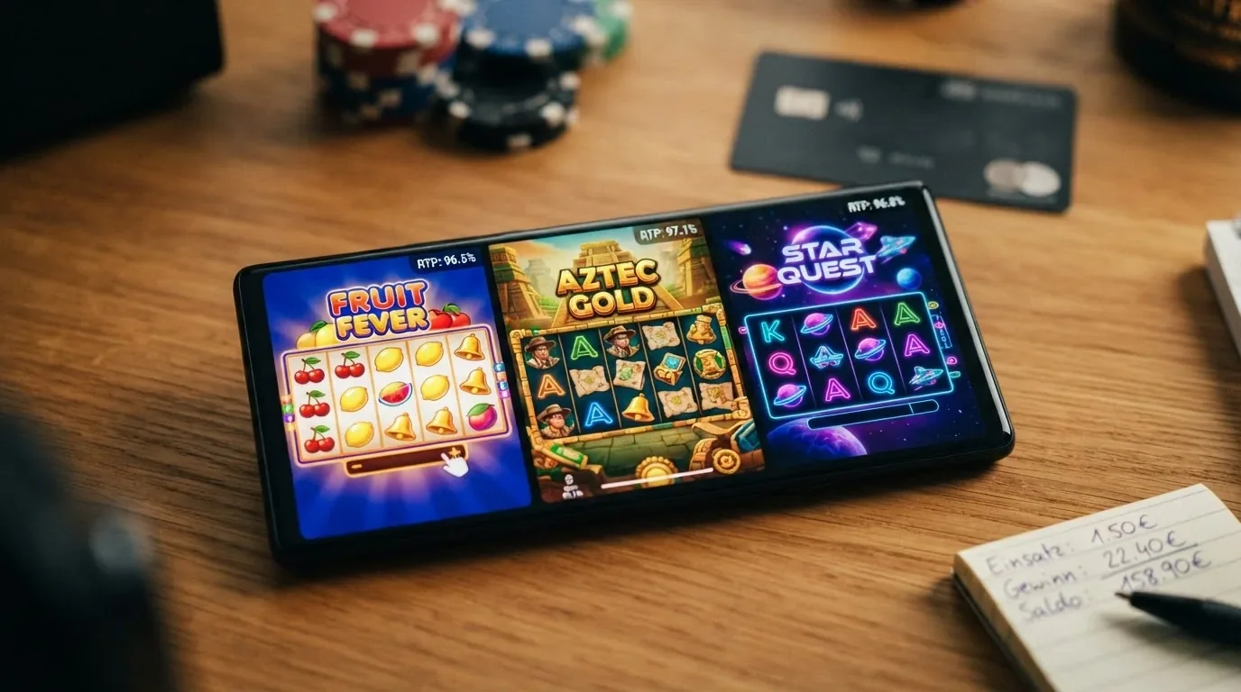 Drei beliebte Spielautomaten (Sweet Bonanza, Book of Dead, Starburst) mit ihren RTP-Werten als Overlay auf einem Smartphone-Display