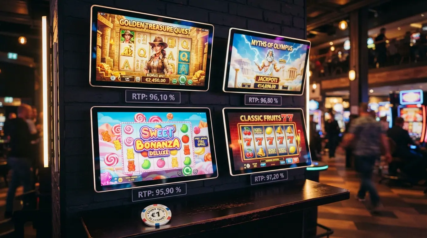 Ein Raster mit vier Slot-Covern: Book of Dead, Gates of Olympus, Sweet Bonanza und Starburst — jeweils mit RTP-Prozentangabe und Volatilitätsbalken