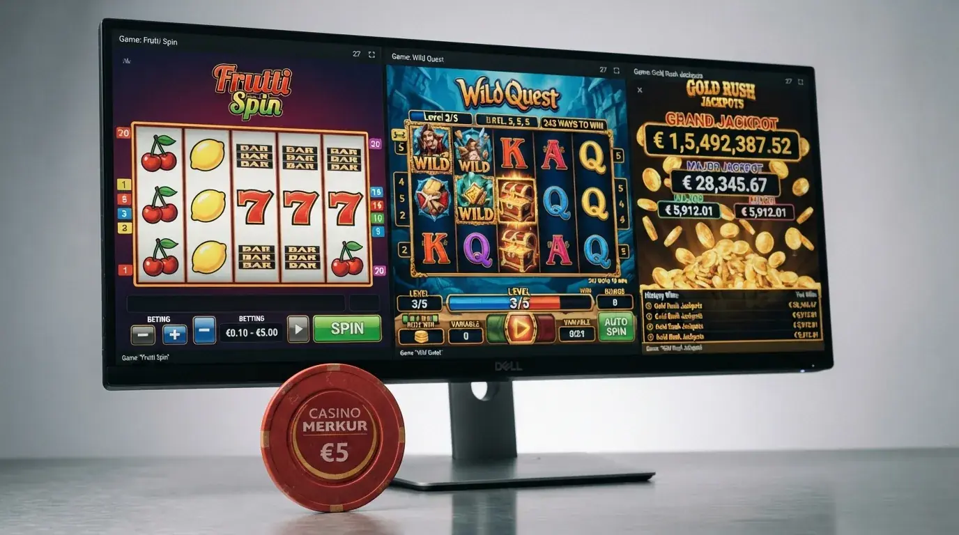 Collage aus drei verschiedenen Slot-Oberflächen: klassische 3×5-Walzen, Megaways mit dynamischen Reihen und ein progressiver Jackpot-Zähler