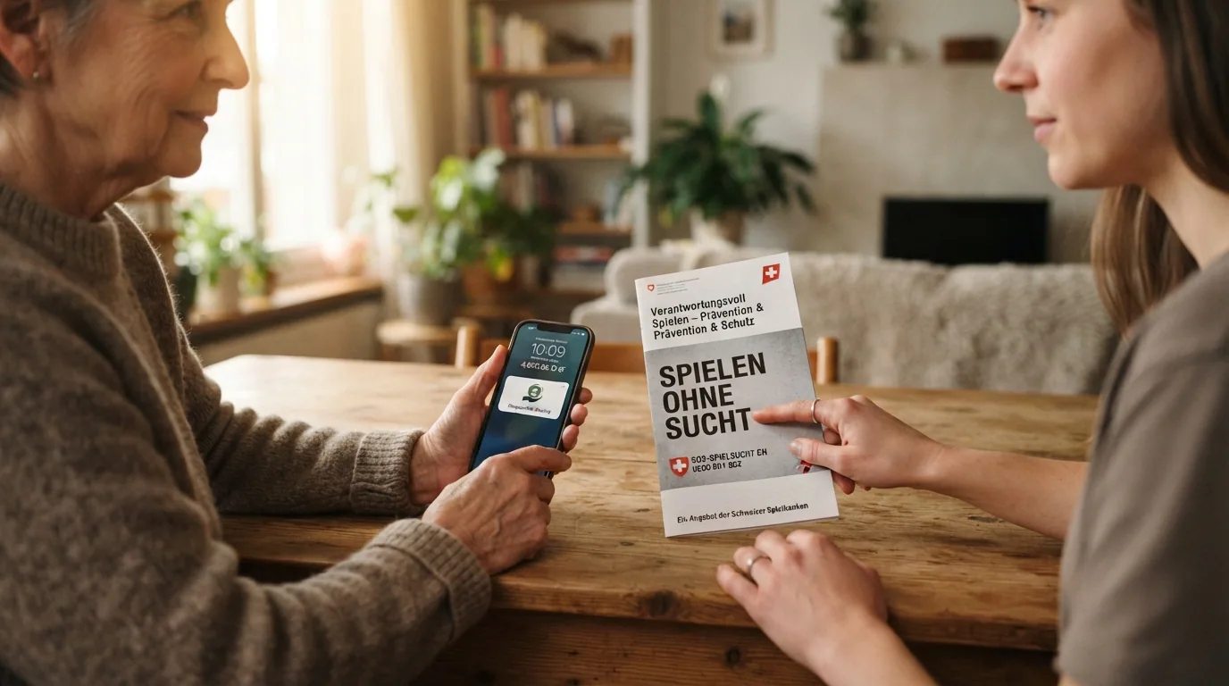 Beratungsgespräch an einem Tisch mit Broschüren und Helpline-Nummer 0800 040 080