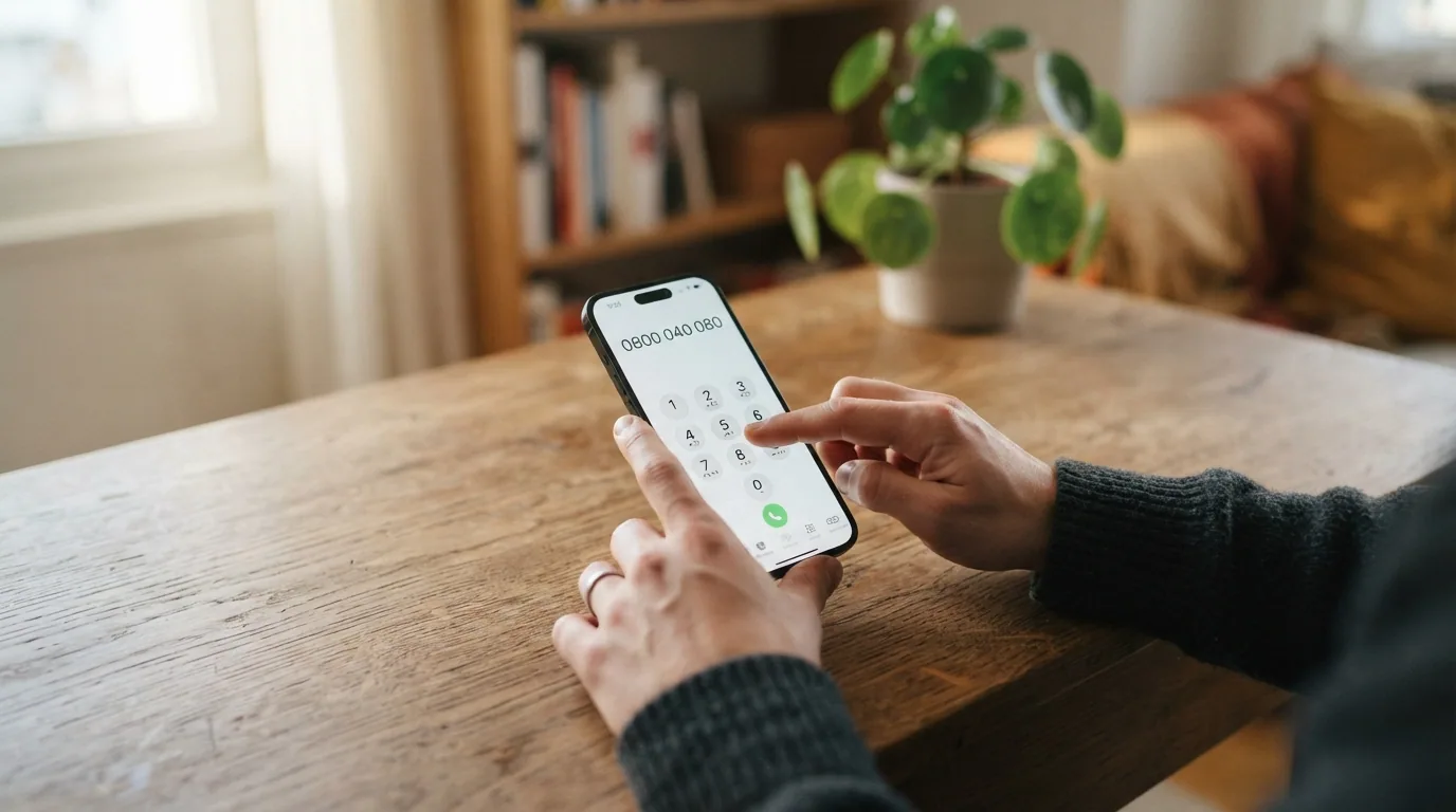 Nahaufnahme eines Telefons oder Smartphones mit eingetippter SOS-Spielsucht-Nummer 0800 040 080, warme, beruhigende Bildstimmung
