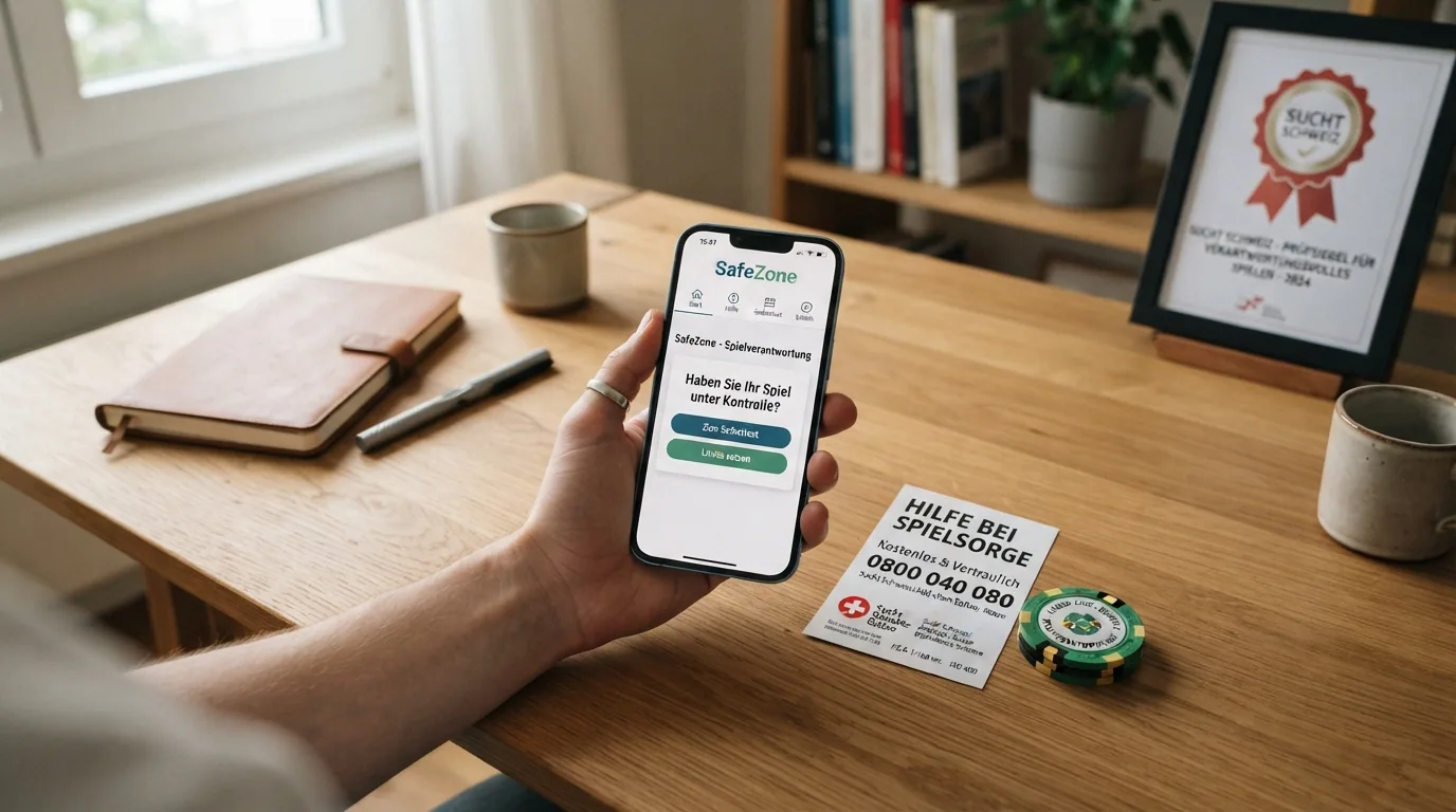 Ein Smartphone mit geöffneter SafeZone-App und der SOS-Spielsucht-Helpline-Nummer 0800 040 080, daneben das Logo von Sucht Schweiz