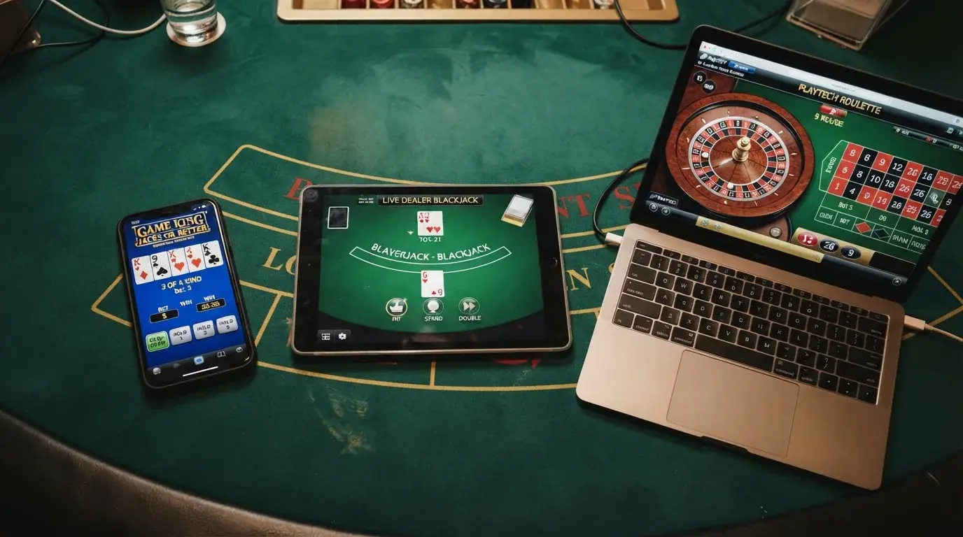 Drei Spielfelder nebeneinander: Video-Poker-Bildschirm, Blackjack-Hand und Roulette-Kessel, mit Prozentangaben zum Hausvorteil