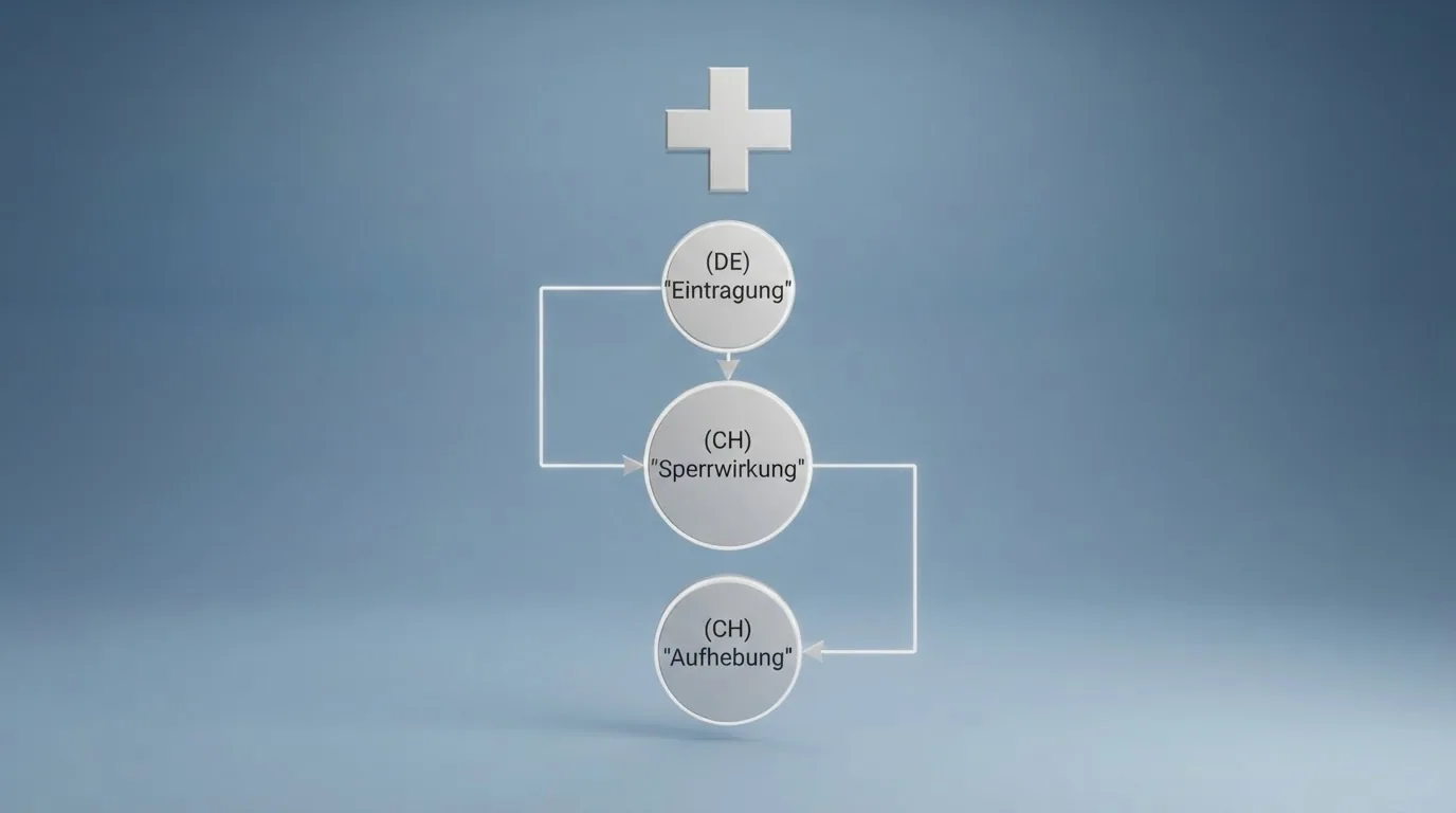 Ein Ablaufdiagramm der Spielsperre: von der Eintragung über die Sperrwirkung (landbasiert, online, Grossspiele, Liechtenstein) bis zur möglichen Aufhebung nach frühestens drei Monaten.