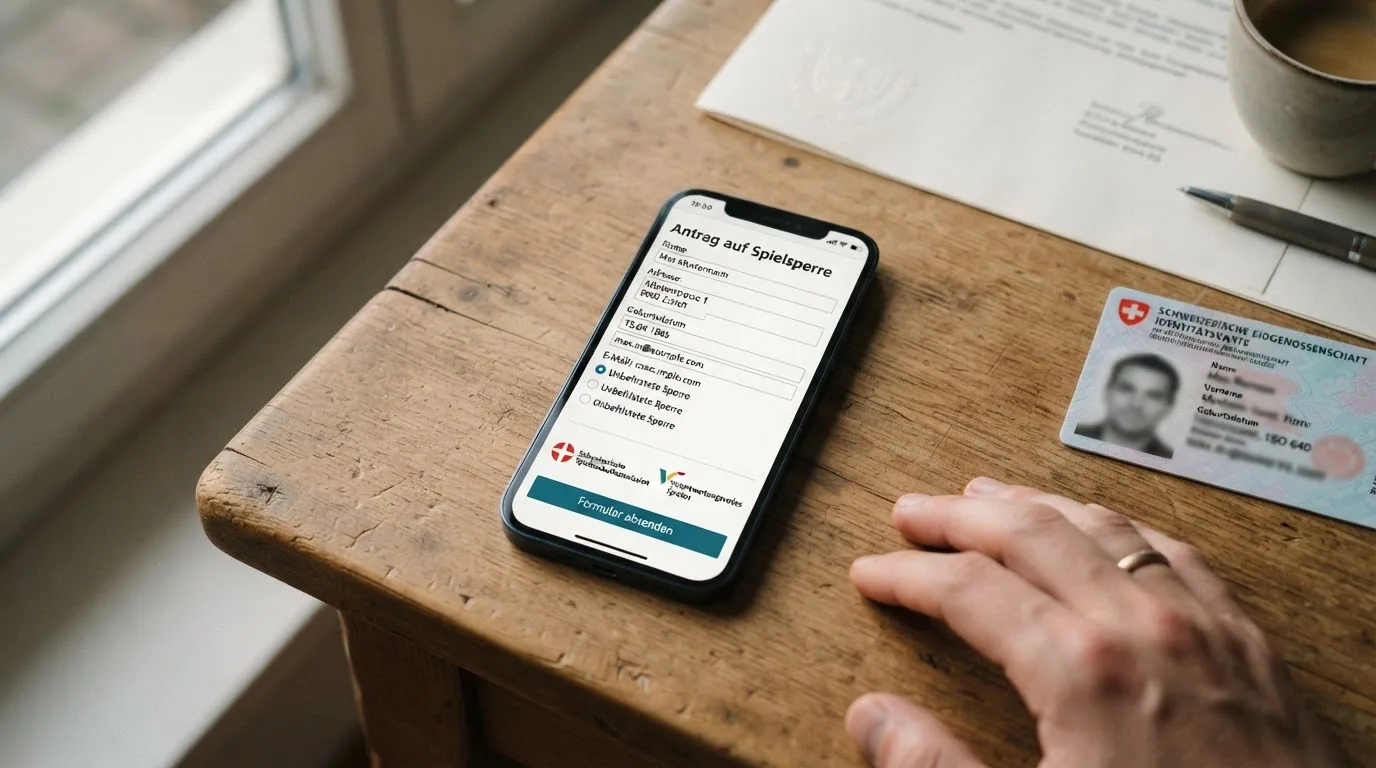 Ein Smartphone mit geöffnetem Spielsperren-Formular, daneben eine Schweizer ID-Karte, im Hintergrund das ESBK-Logo