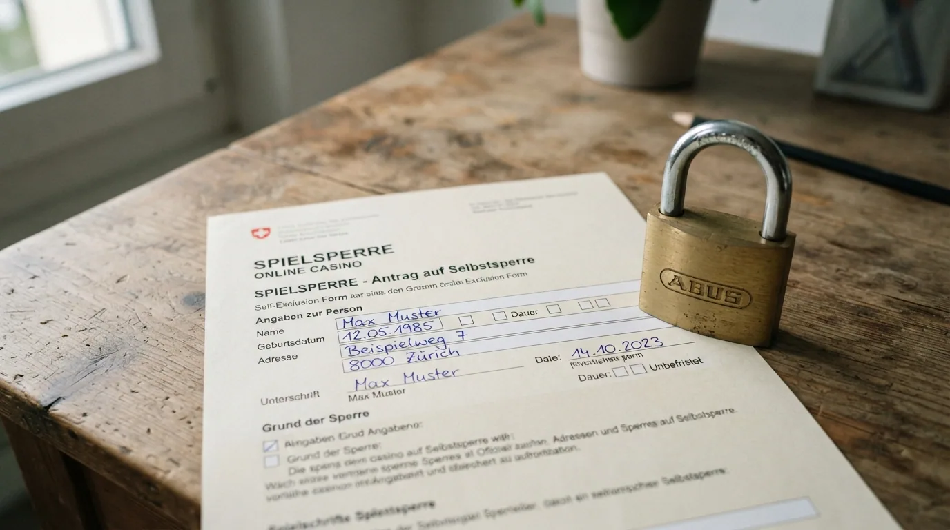 Ein Formular mit der Aufschrift «Spielsperre» und dem ESBK-Logo, daneben ein gesperrtes Schloss-Symbol