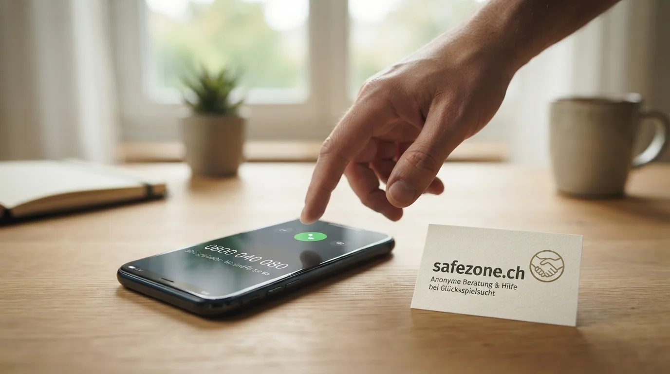 Ein Smartphone mit der eingespeicherten Nummer 0800 040 080 auf dem Display, daneben eine Visitenkarte von safezone.ch