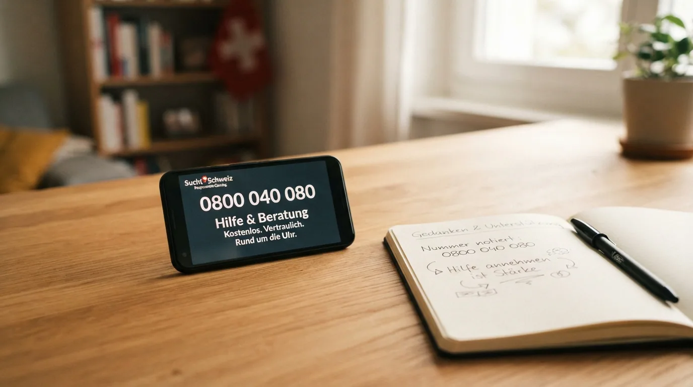 Ein Hinweisschild mit der Aufschrift «Spielsucht-Helpline 0800 040 080», darunter Logos von SOS Spielsucht und Sucht Schweiz