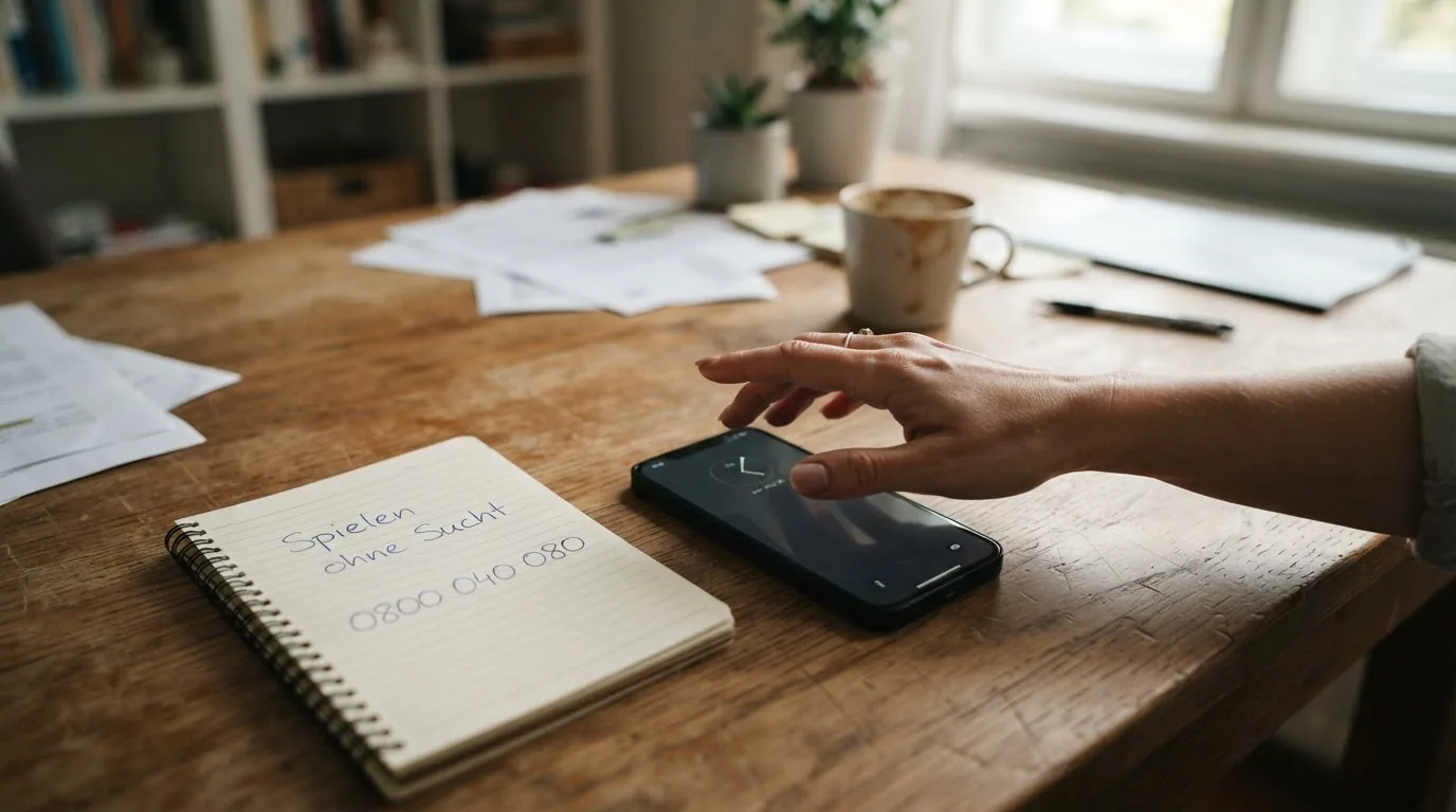Eine Hand greift zum Telefonhörer, daneben liegt ein Notizzettel mit der Nummer 0800 040 080 und dem Schriftzug «Spielen ohne Sucht»