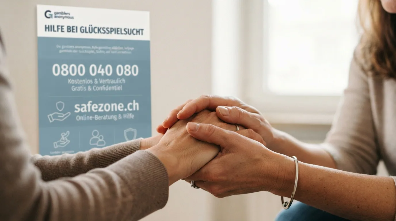 Infografik mit der Schweizer Helpline-Nummer 0800 040 080, dem safezone.ch-Logo und einem Beratungs-Gesprächs-Symbol