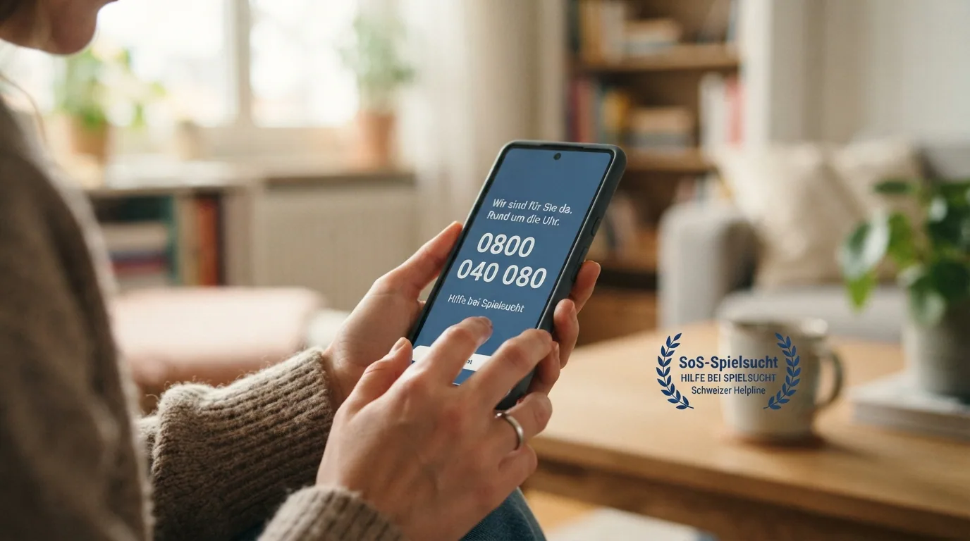 Eine helfende Hand, die ein Smartphone mit der Nummer 0800 040 080 hält, daneben das Logo von SoS-Spielsucht